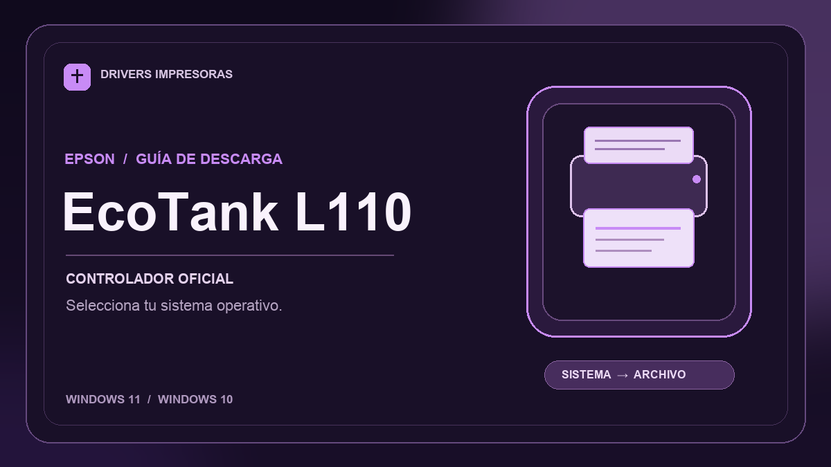 Ilustración editorial del controlador Epson EcoTank L110 y sus opciones de descarga.