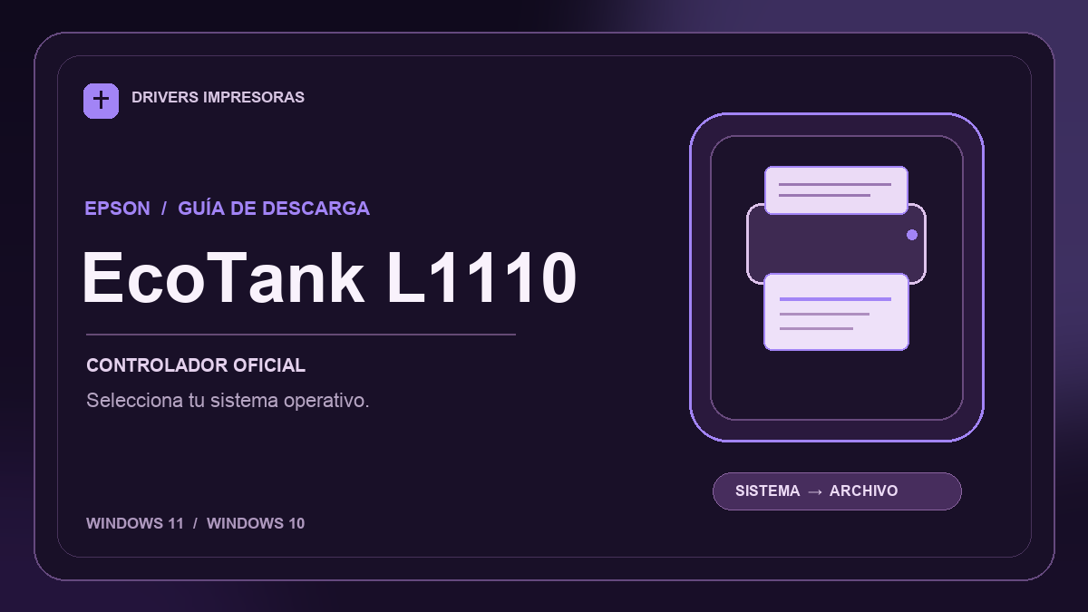 Ilustración editorial del controlador Epson EcoTank L1110 y sus opciones de descarga.