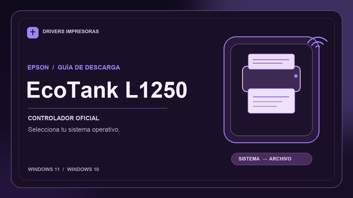 Ilustración editorial del controlador Epson EcoTank L1250 y sus opciones de descarga.