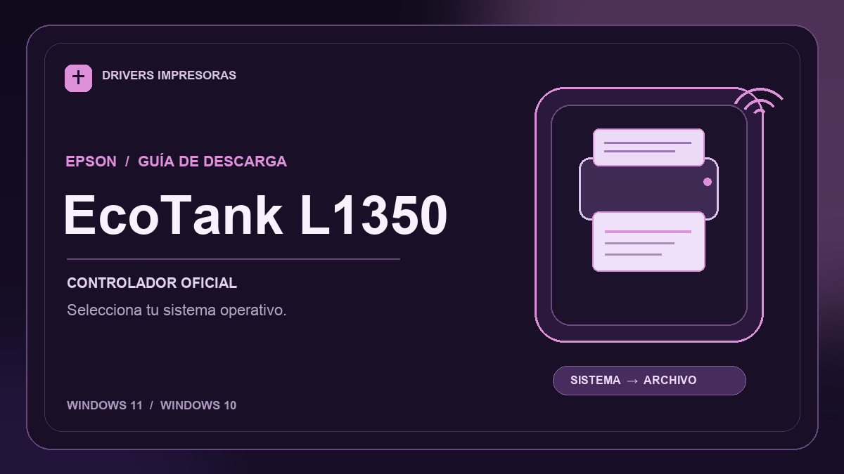 Ilustración editorial del controlador Epson EcoTank L1350 y sus opciones de descarga.