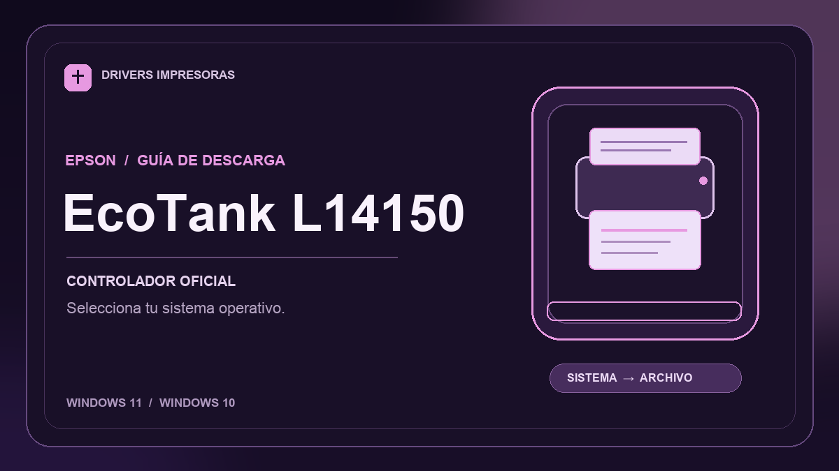Ilustración editorial del controlador Epson EcoTank L14150 y sus opciones de descarga.