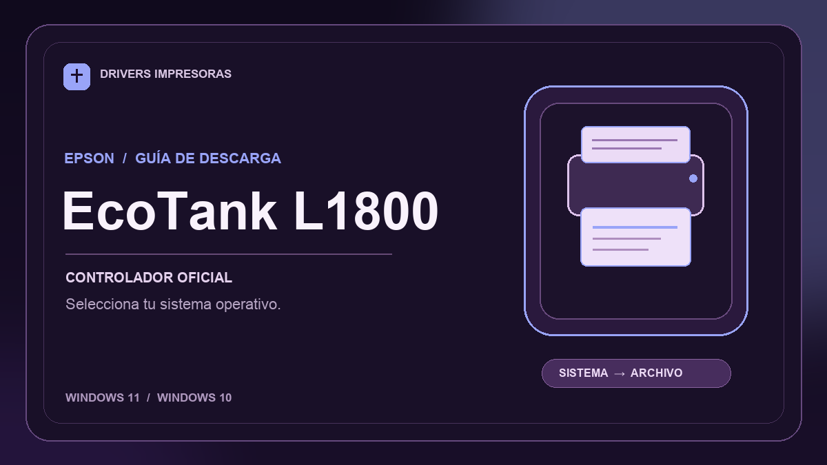 Ilustración editorial del controlador Epson EcoTank L1800 y sus opciones de descarga.