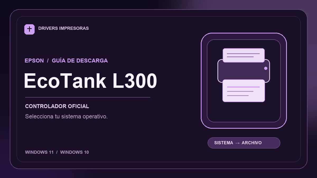 Ilustración editorial del controlador Epson EcoTank L300 y sus opciones de descarga.