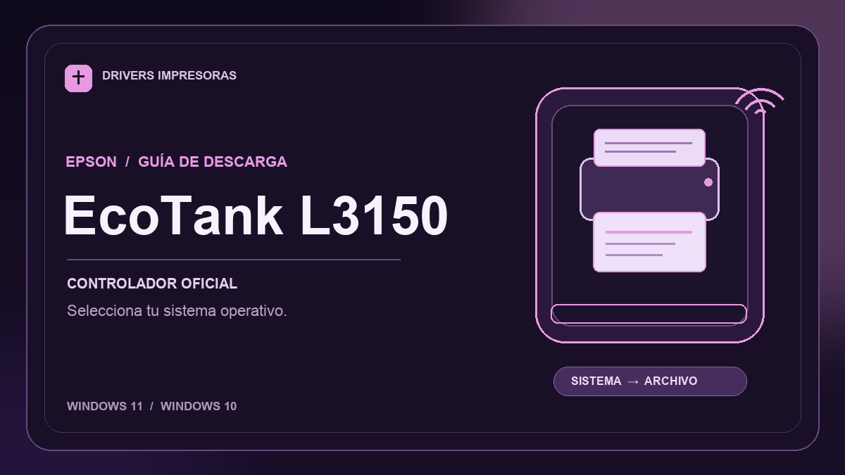 Ilustración editorial del controlador Epson EcoTank L3150 y sus opciones de descarga.