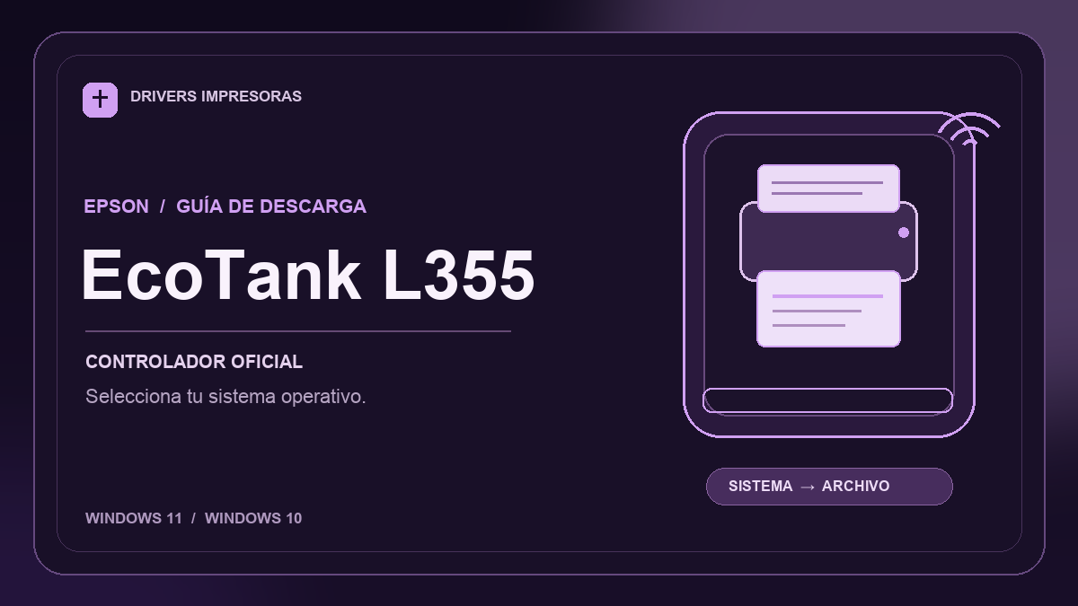 Ilustración editorial del controlador Epson EcoTank L355 y sus opciones de descarga.