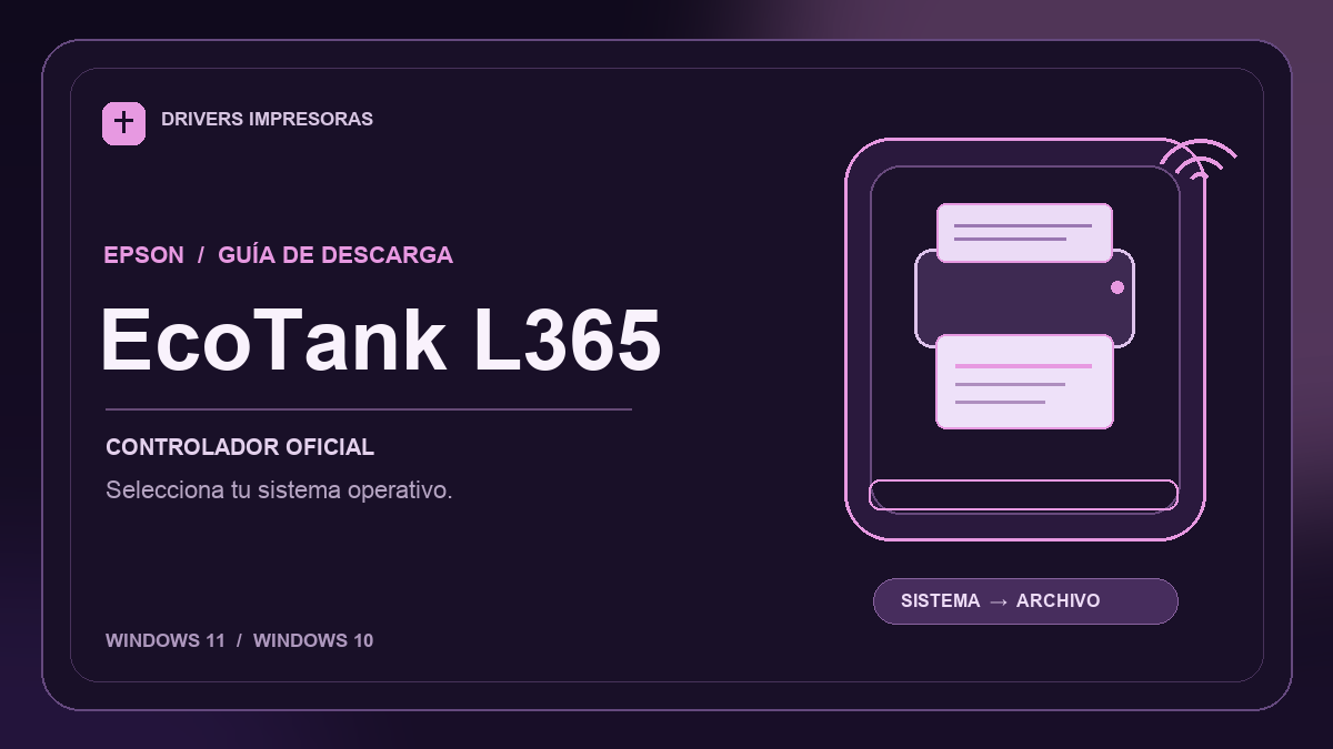 Ilustración editorial del controlador Epson EcoTank L365 y sus opciones de descarga.