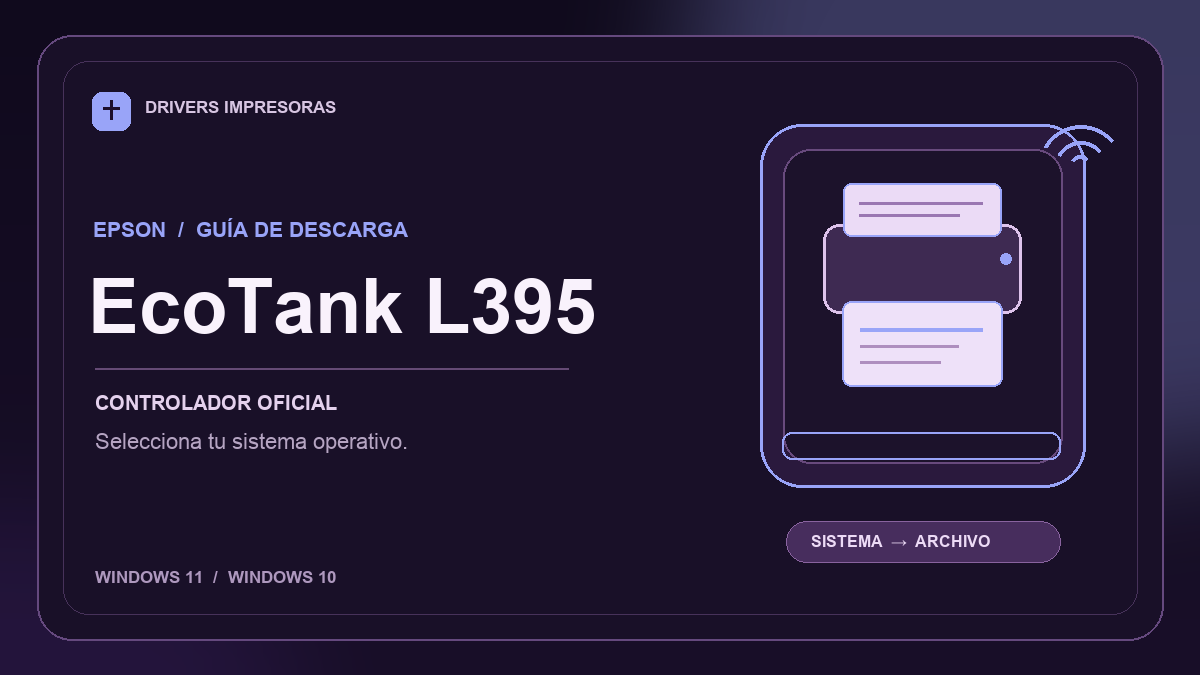 Ilustración editorial del controlador Epson EcoTank L395 y sus opciones de descarga.