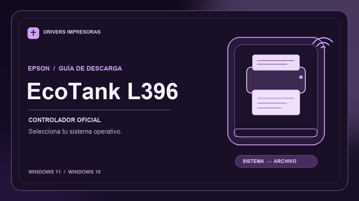 Ilustración editorial del controlador Epson EcoTank L396 y sus opciones de descarga.