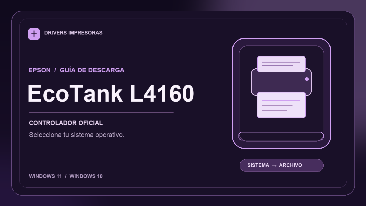 Ilustración editorial del controlador Epson EcoTank L4160 y sus opciones de descarga.