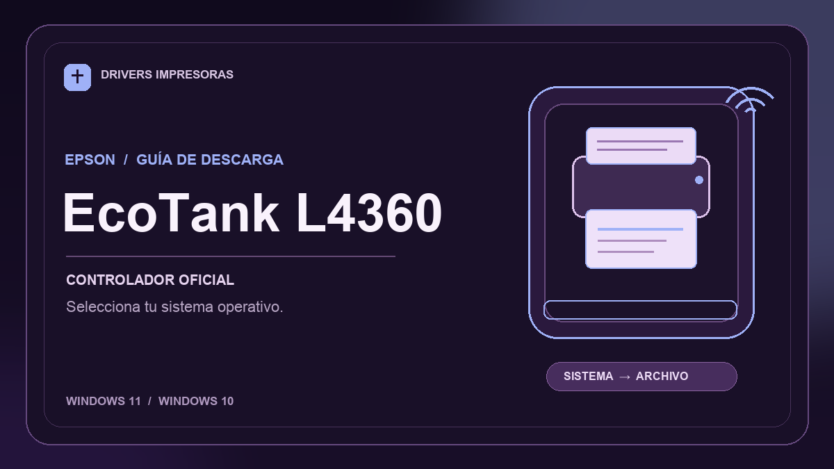 Ilustración editorial del controlador Epson EcoTank L4360 y sus opciones de descarga.