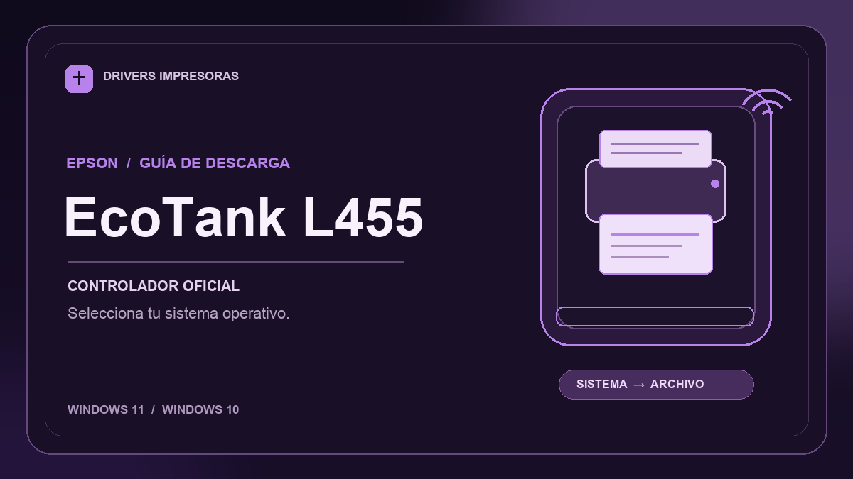 Ilustración editorial del controlador Epson EcoTank L455 y sus opciones de descarga.