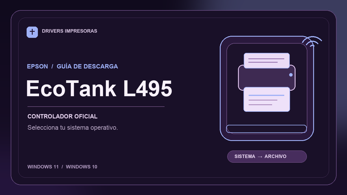 Ilustración editorial del controlador Epson EcoTank L495 y sus opciones de descarga.