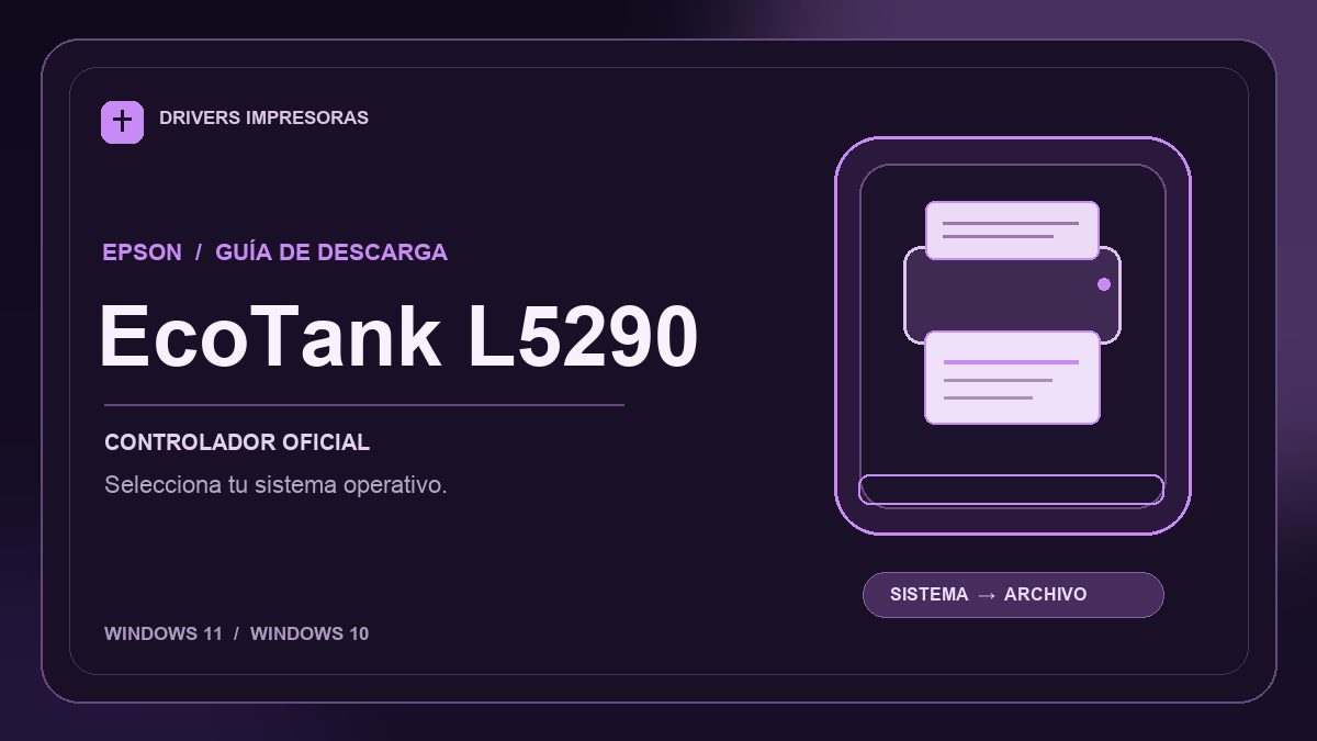 Ilustración editorial del controlador Epson EcoTank L5290 y sus opciones de descarga.