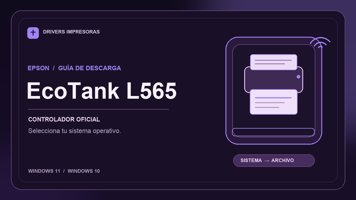 Ilustración editorial del controlador Epson EcoTank L565 y sus opciones de descarga.