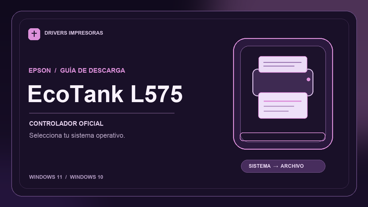 Ilustración editorial del controlador Epson EcoTank L575 y sus opciones de descarga.