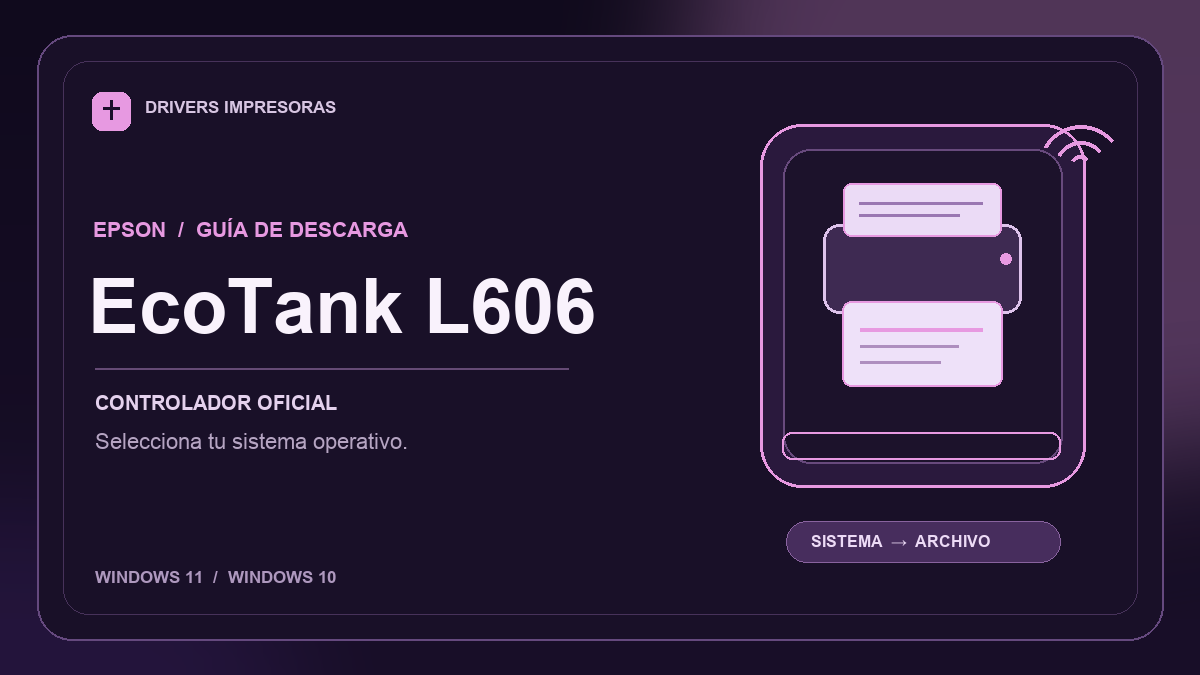 Ilustración editorial del controlador Epson EcoTank L606 y sus opciones de descarga.