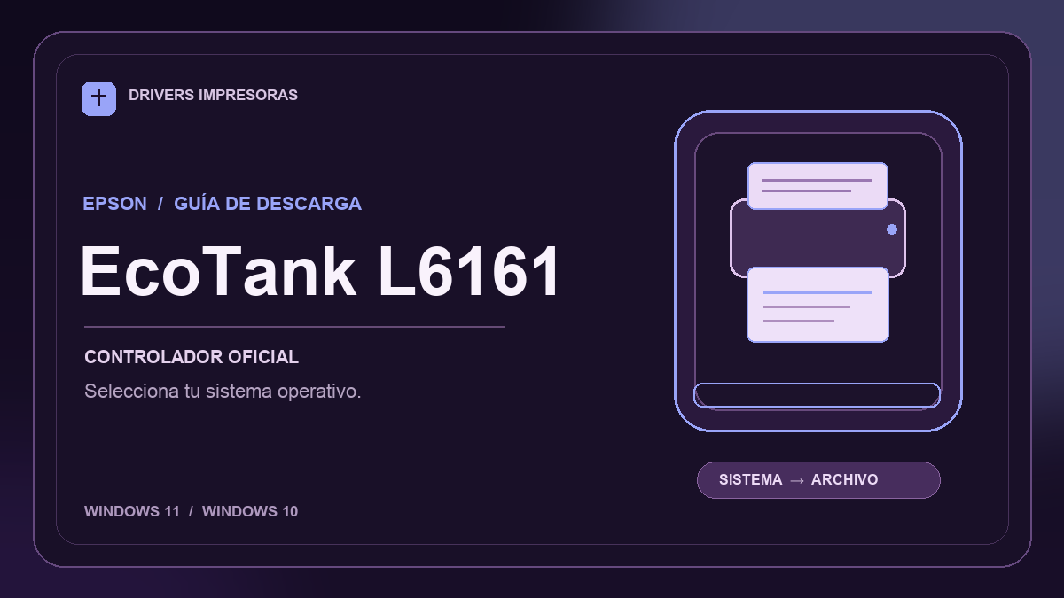Ilustración editorial del controlador Epson EcoTank L6161 y sus opciones de descarga.