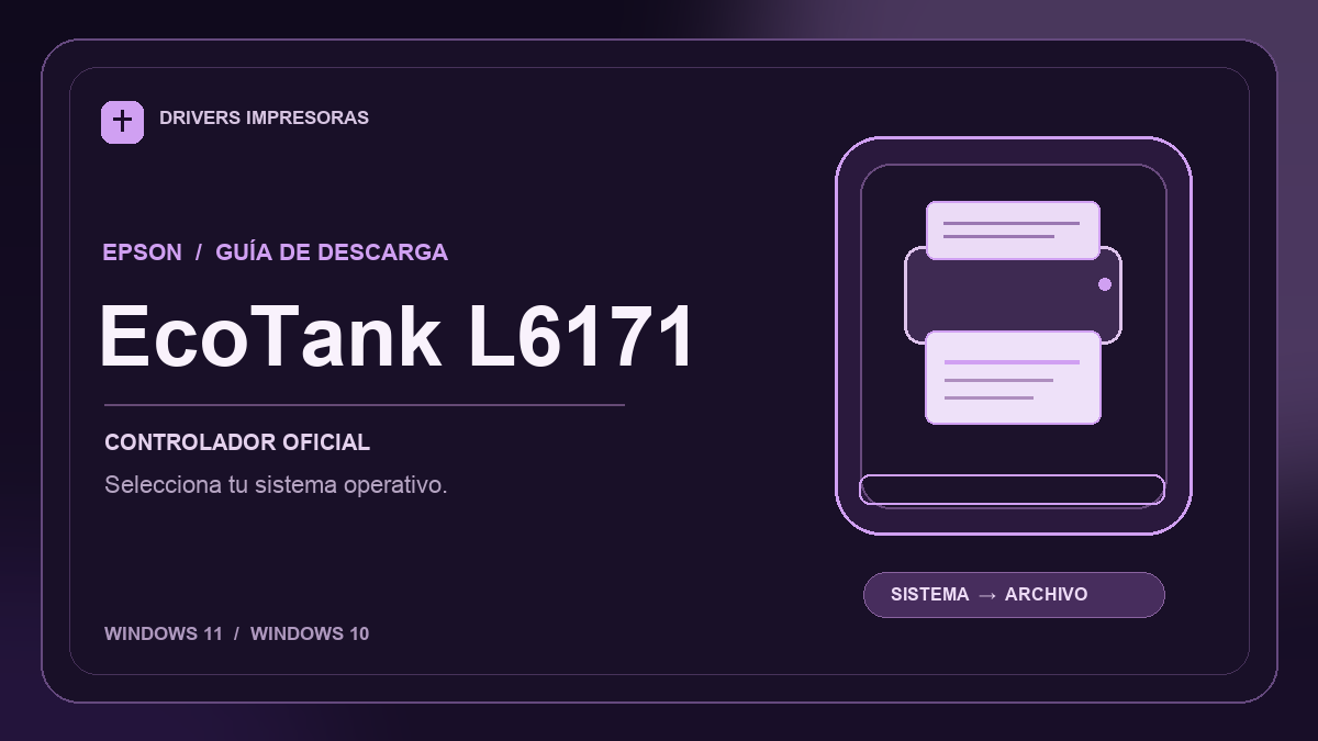 Ilustración editorial del controlador Epson EcoTank L6171 y sus opciones de descarga.