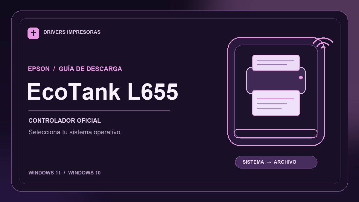 Ilustración editorial del controlador Epson EcoTank L655 y sus opciones de descarga.