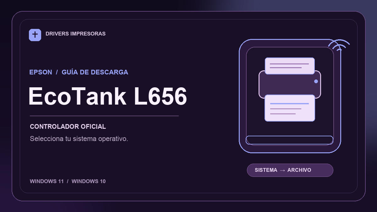 Ilustración editorial del controlador Epson EcoTank L656 y sus opciones de descarga.