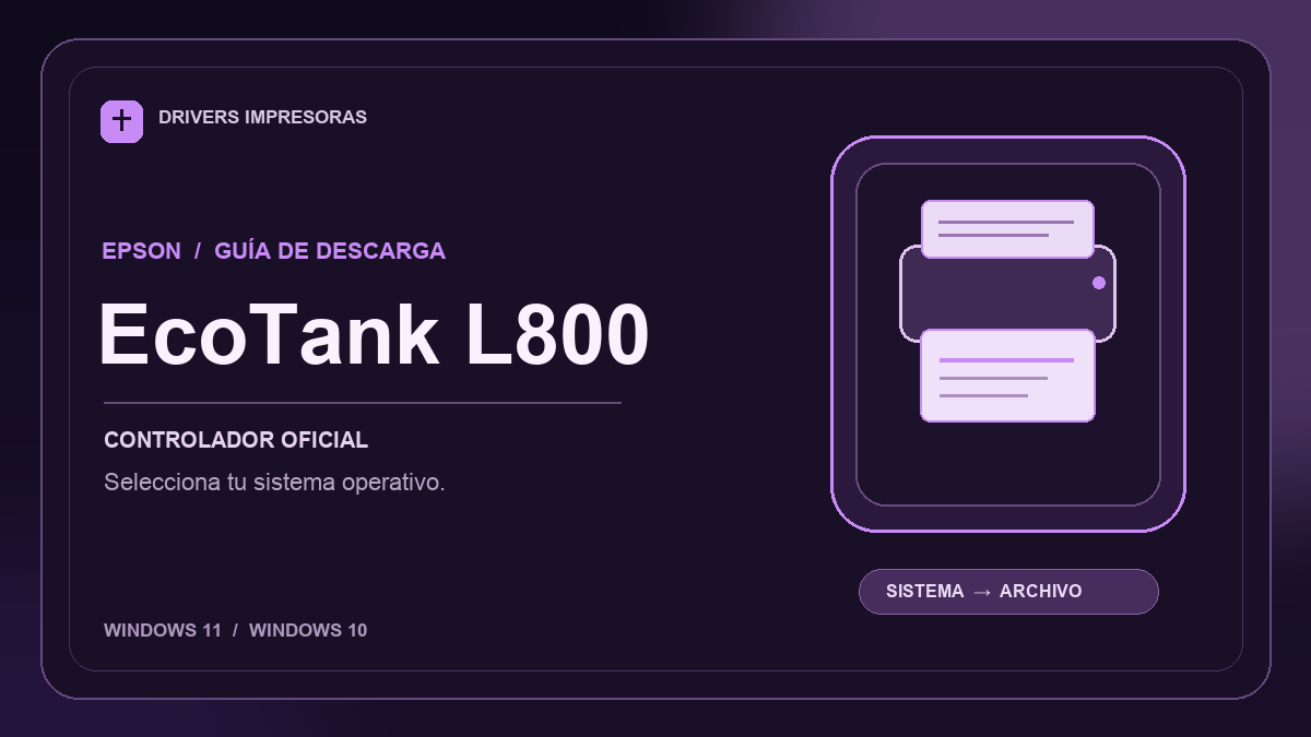 Ilustración editorial del controlador Epson EcoTank L800 y sus opciones de descarga.