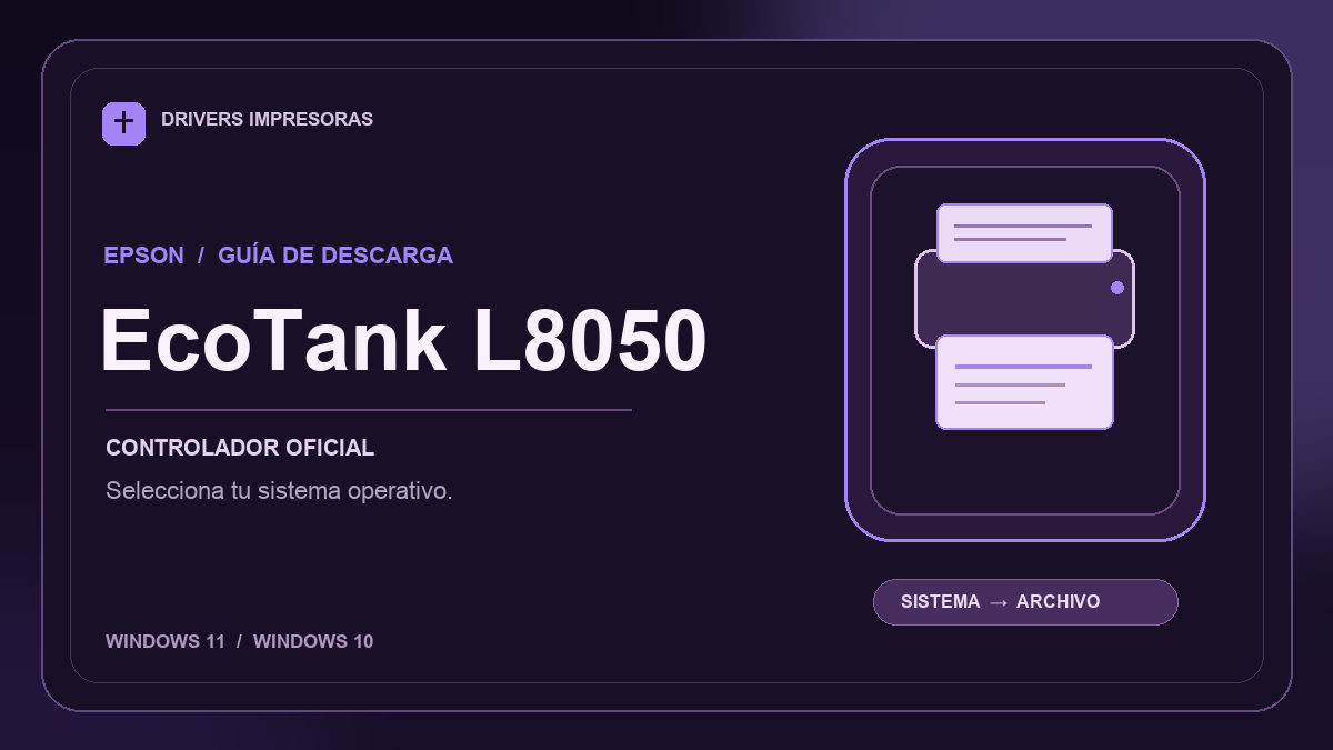 Ilustración editorial del controlador Epson EcoTank L8050 y sus opciones de descarga.