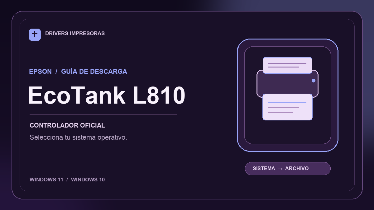 Ilustración editorial del controlador Epson EcoTank L810 y sus opciones de descarga.