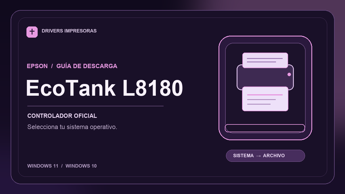 Ilustración editorial del controlador Epson EcoTank L8180 y sus opciones de descarga.