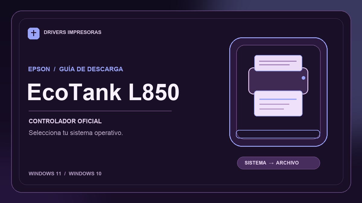 Ilustración editorial del controlador Epson EcoTank L850 y sus opciones de descarga.
