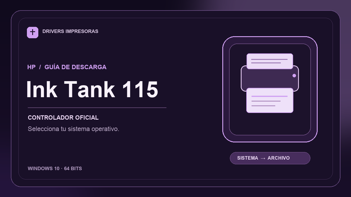 Ilustración editorial del driver HP Ink Tank 115 y sus opciones de descarga.