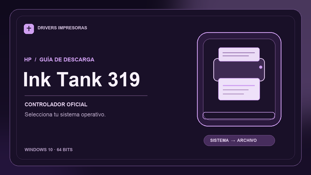 Ilustración editorial del driver HP Ink Tank 319 y sus opciones de descarga.