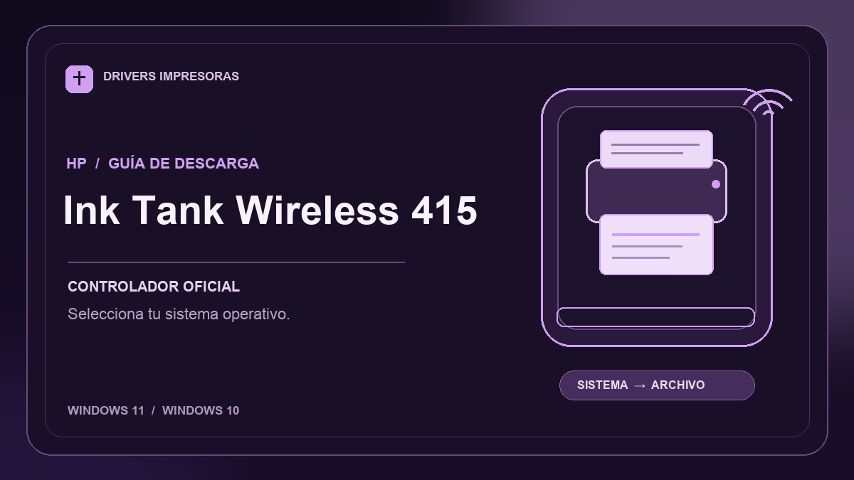 Ilustración editorial del driver HP Ink Tank Wireless 415 y sus opciones de descarga.