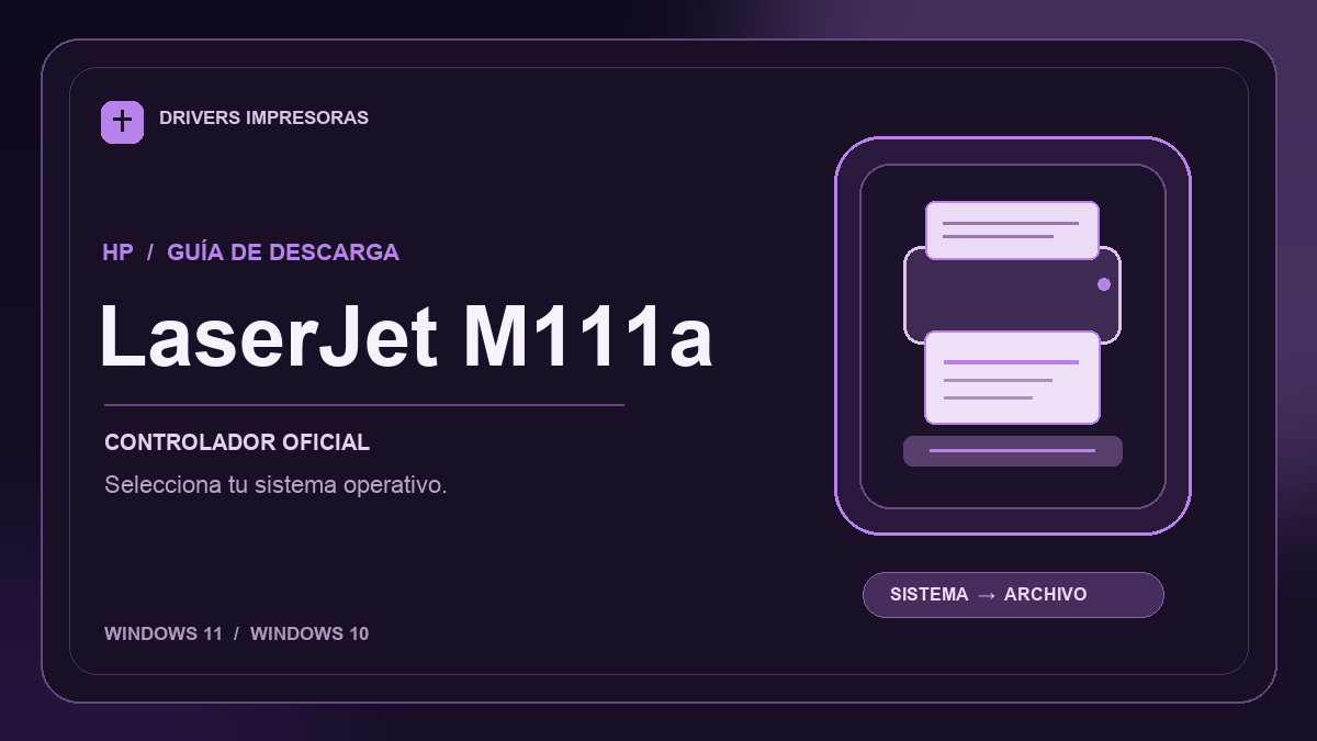Ilustración editorial del driver HP LaserJet M111a y sus opciones de descarga.