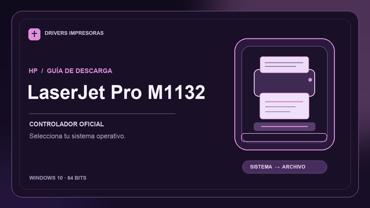 Ilustración editorial del driver HP LaserJet Pro M1132 y sus opciones de descarga.