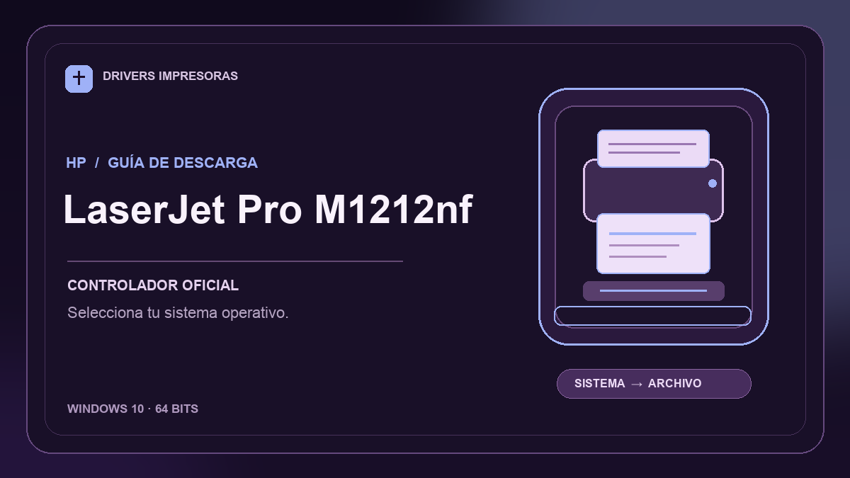 Ilustración editorial del driver HP LaserJet Pro M1212nf y sus opciones de descarga.