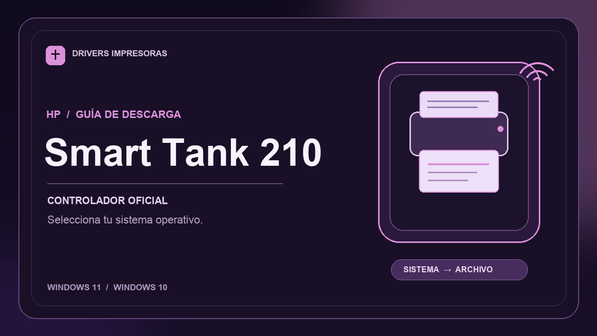 Ilustración editorial del driver HP Smart Tank 210 y sus opciones de descarga.