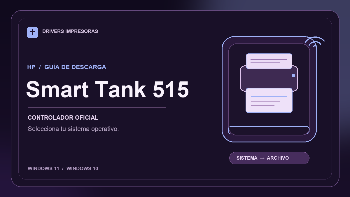 Ilustración editorial del driver HP Smart Tank 515 y sus opciones de descarga.