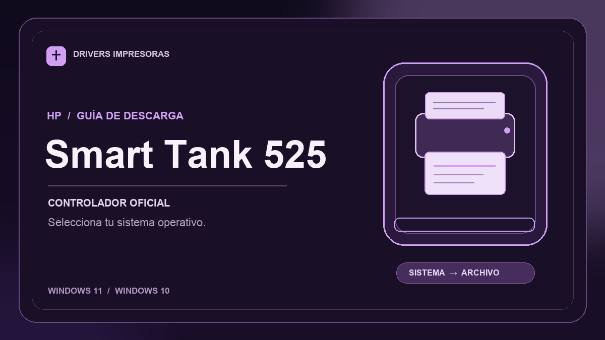 Ilustración editorial del driver HP Smart Tank 525 y sus opciones de descarga.