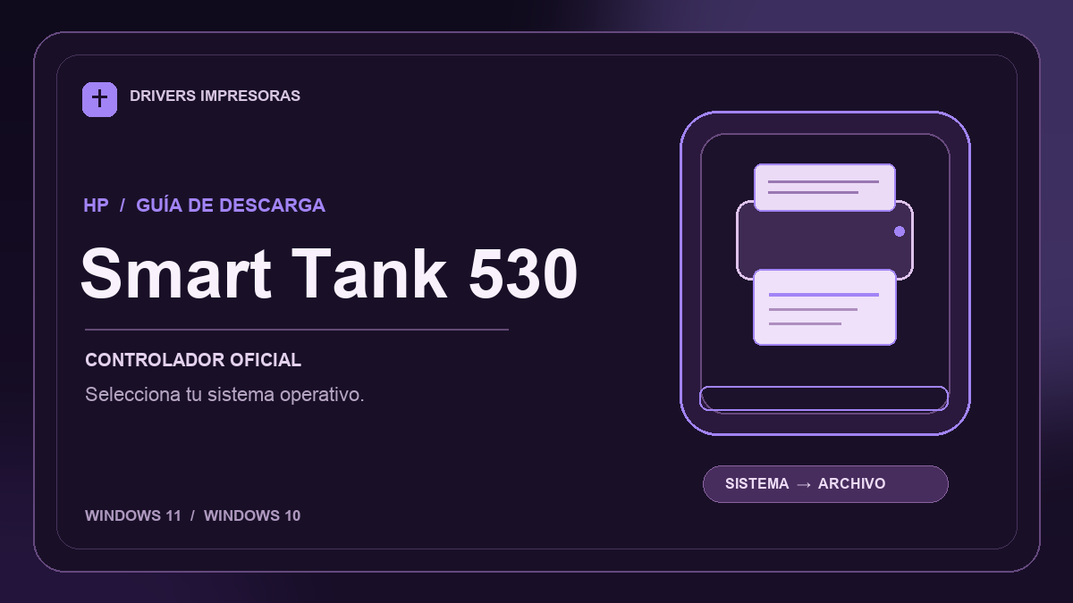 Ilustración editorial del driver HP Smart Tank 530 y sus opciones de descarga.