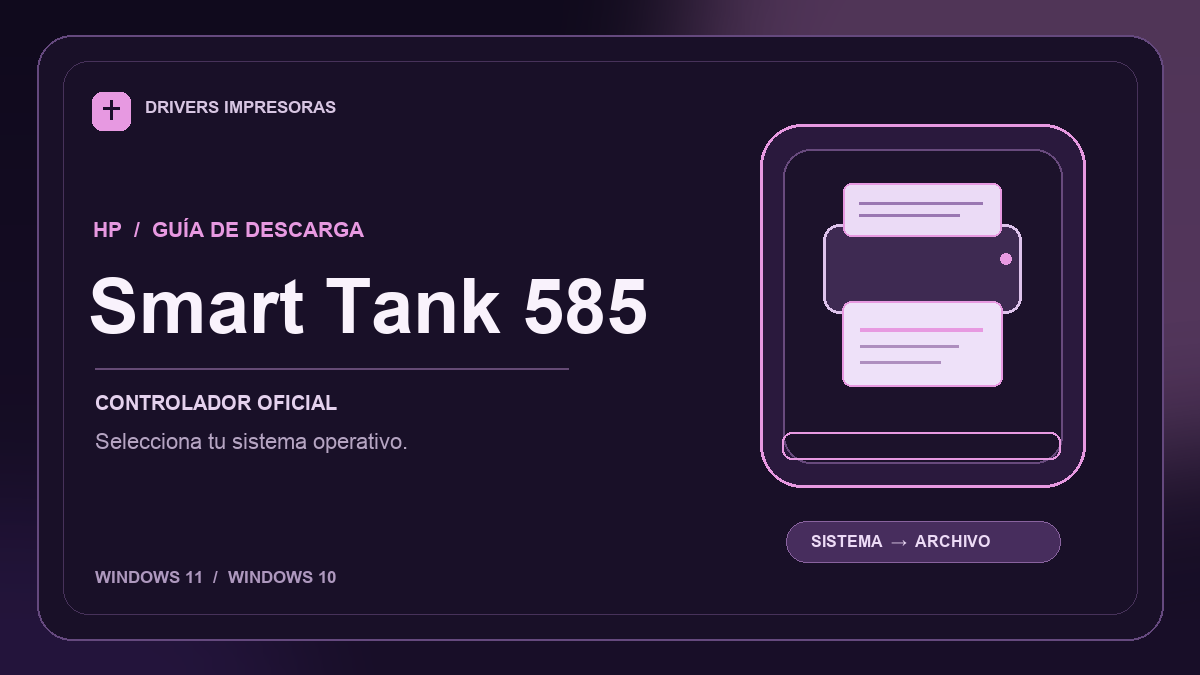 Ilustración editorial del driver HP Smart Tank 585 y sus opciones de descarga.