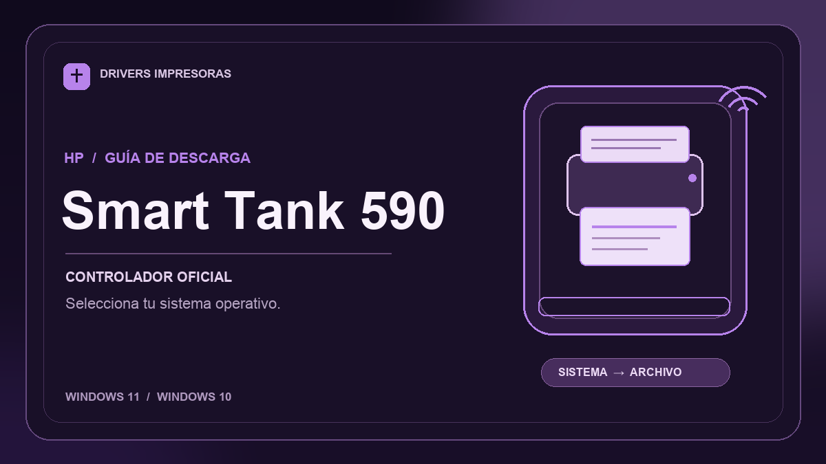 Ilustración editorial del driver HP Smart Tank 590 y sus opciones de descarga.