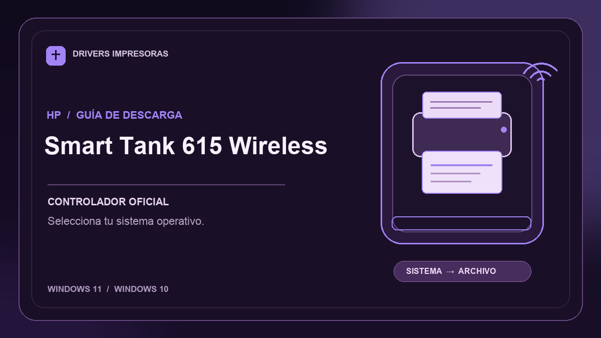 Ilustración editorial del driver HP Smart Tank 615 Wireless y sus opciones de descarga.