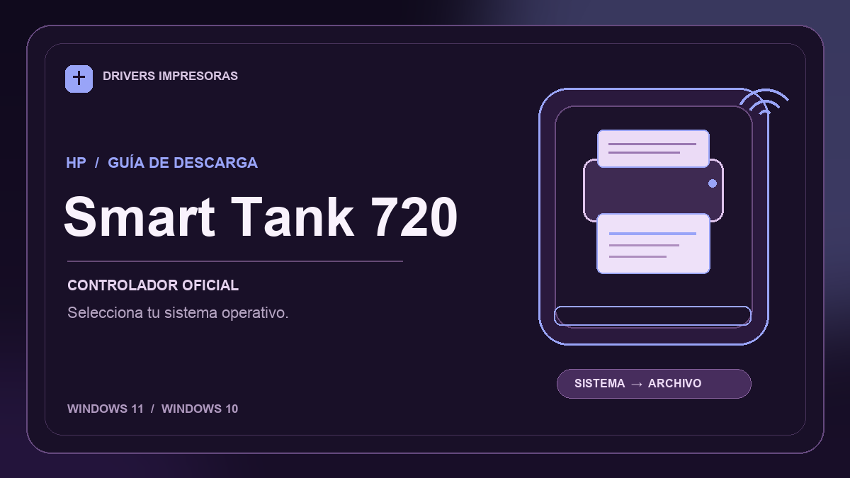 Ilustración editorial del driver HP Smart Tank 720 y sus opciones de descarga.